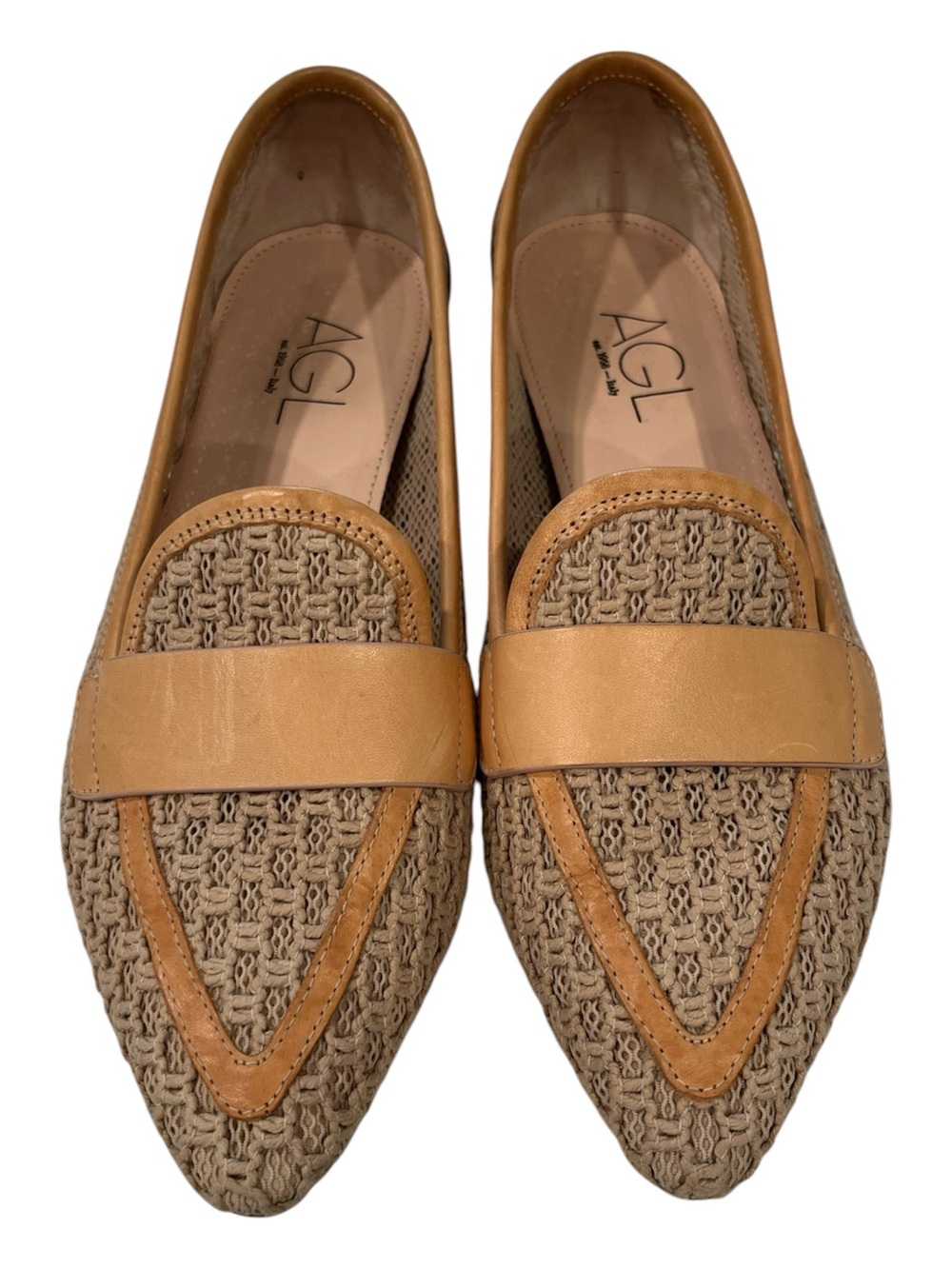 AGL Blanca Plots woven leather and mesh pointed-toe loafers in beige and tan